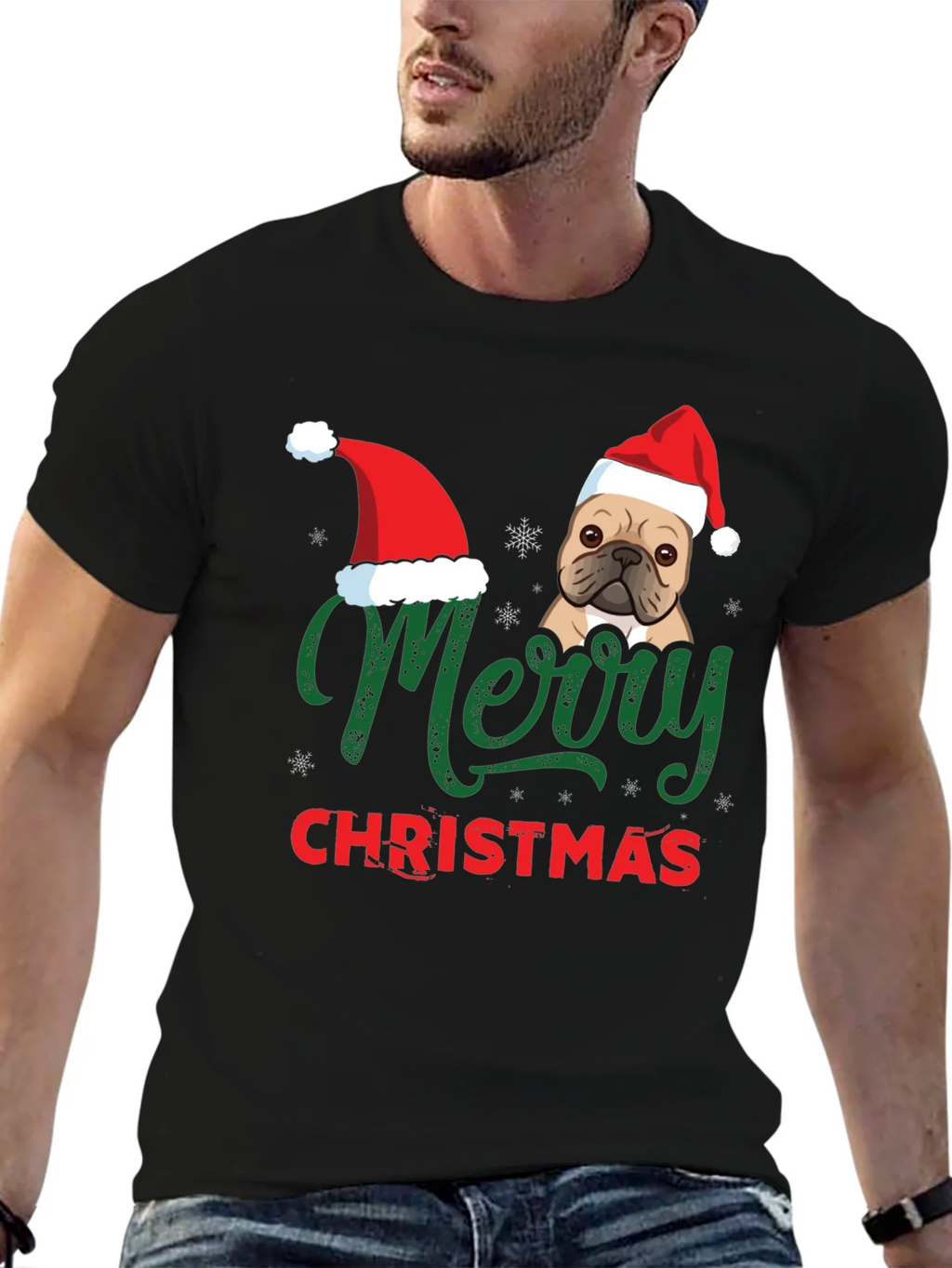 Merry Christmas Dog Santa Hat Graphic T-Shirt