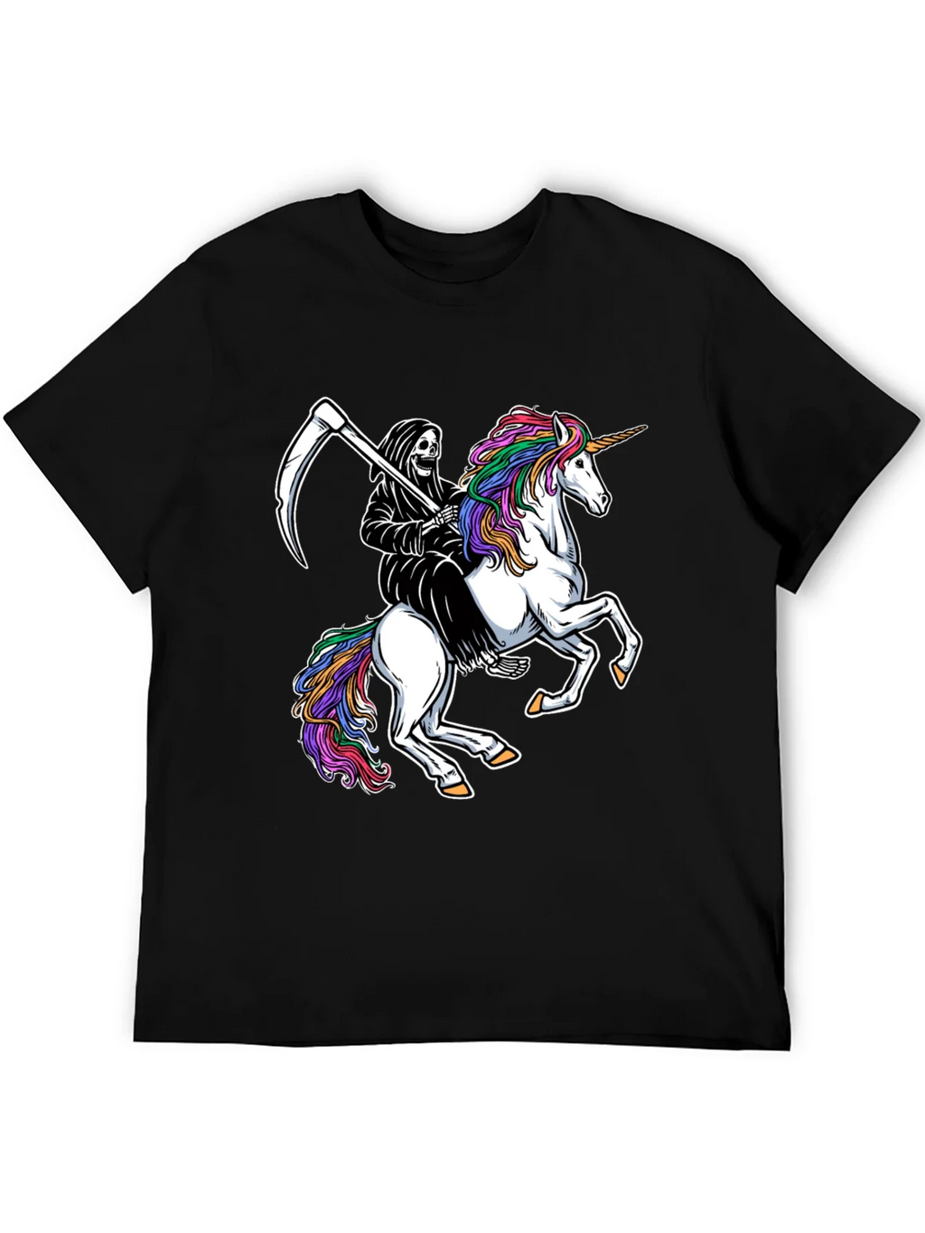 Grim Reaper Riding Unicorn Black T-Shirt