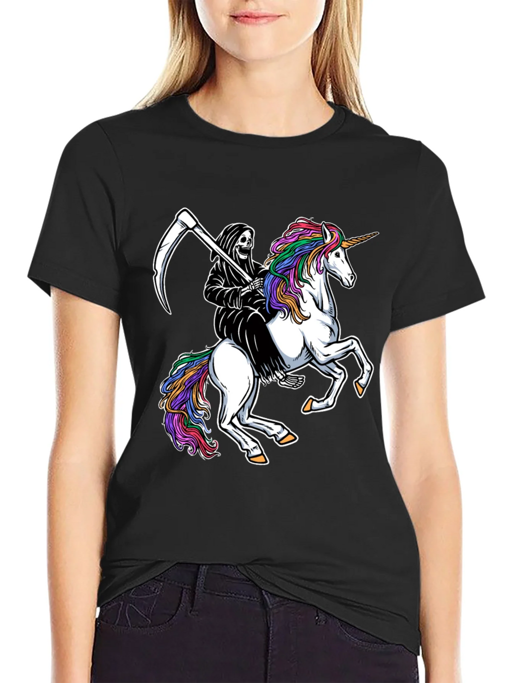 Grim Reaper Riding Unicorn Black T-Shirt