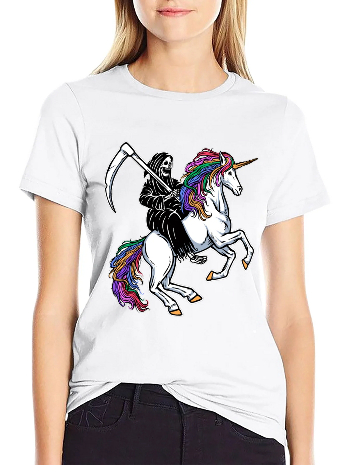 Grim Reaper Riding Unicorn Black T-Shirt