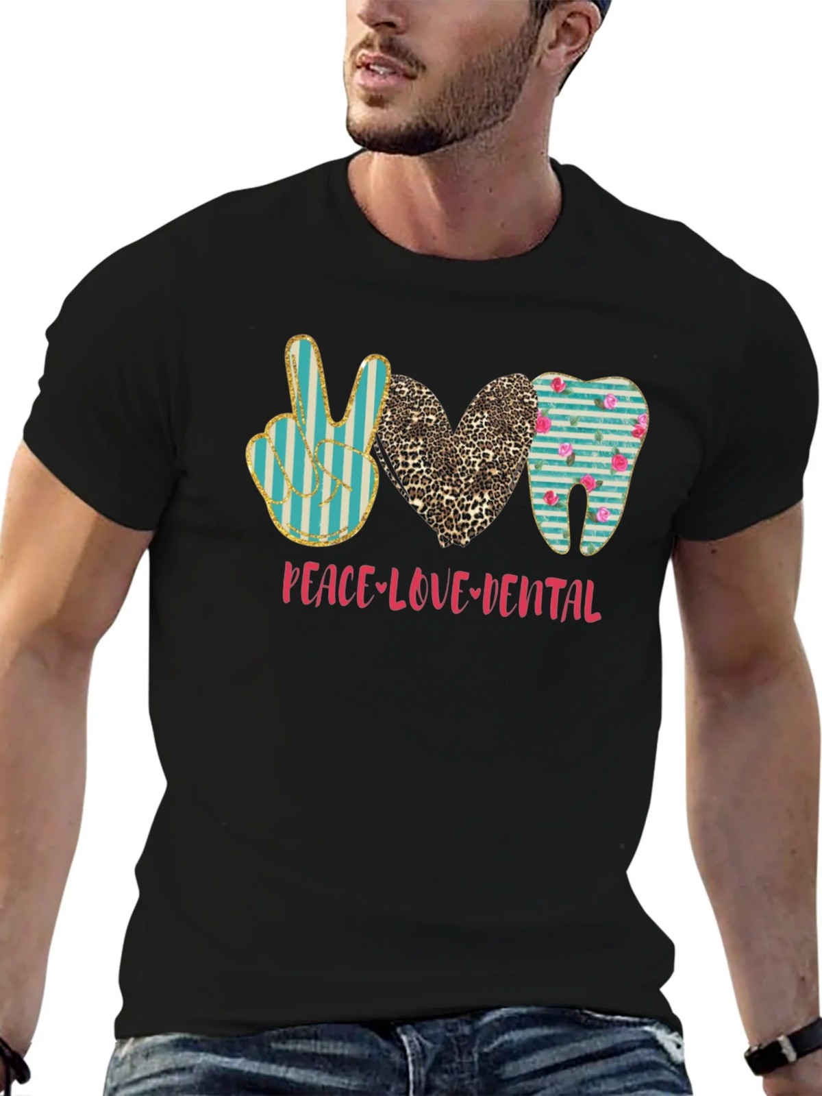 Peace Love Dental T-Shirt Black Cotton Casual Graphic Tee