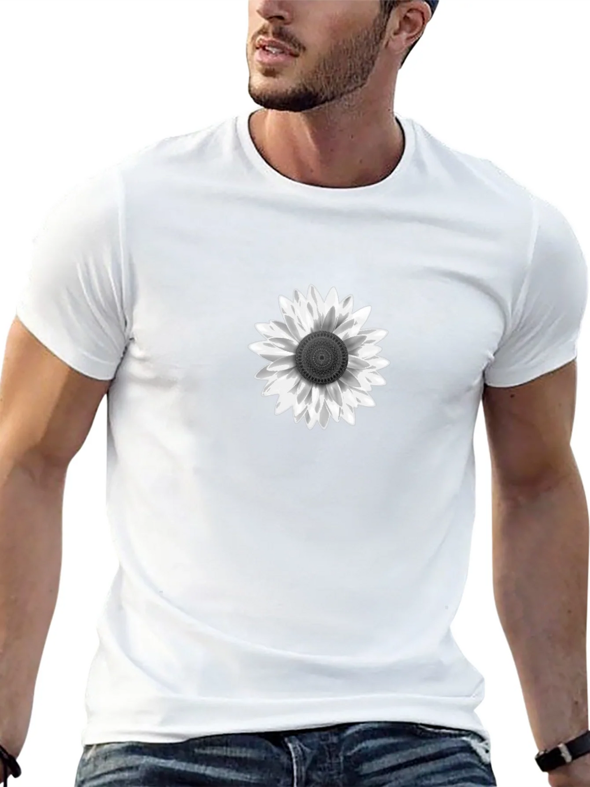 Black T-Shirt with White Sunflower Graphic
