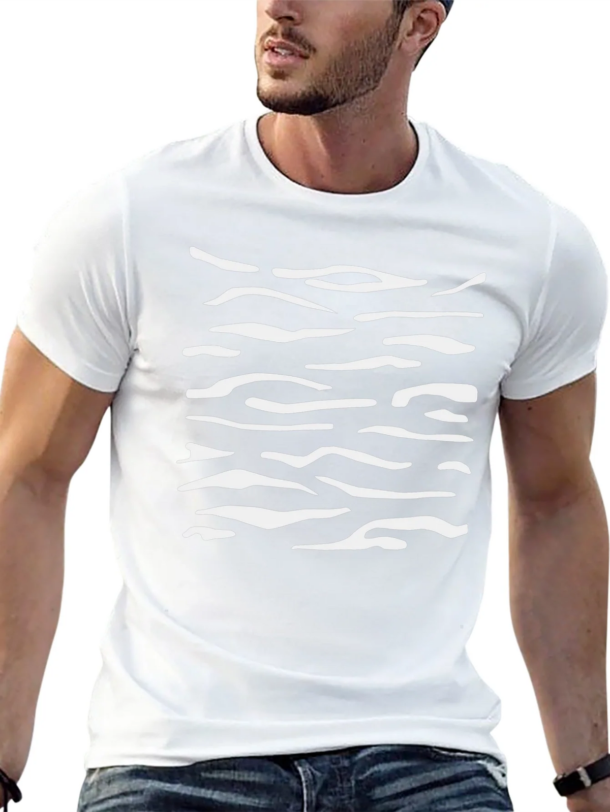 Mens Black T-Shirt with White Abstract Stripes