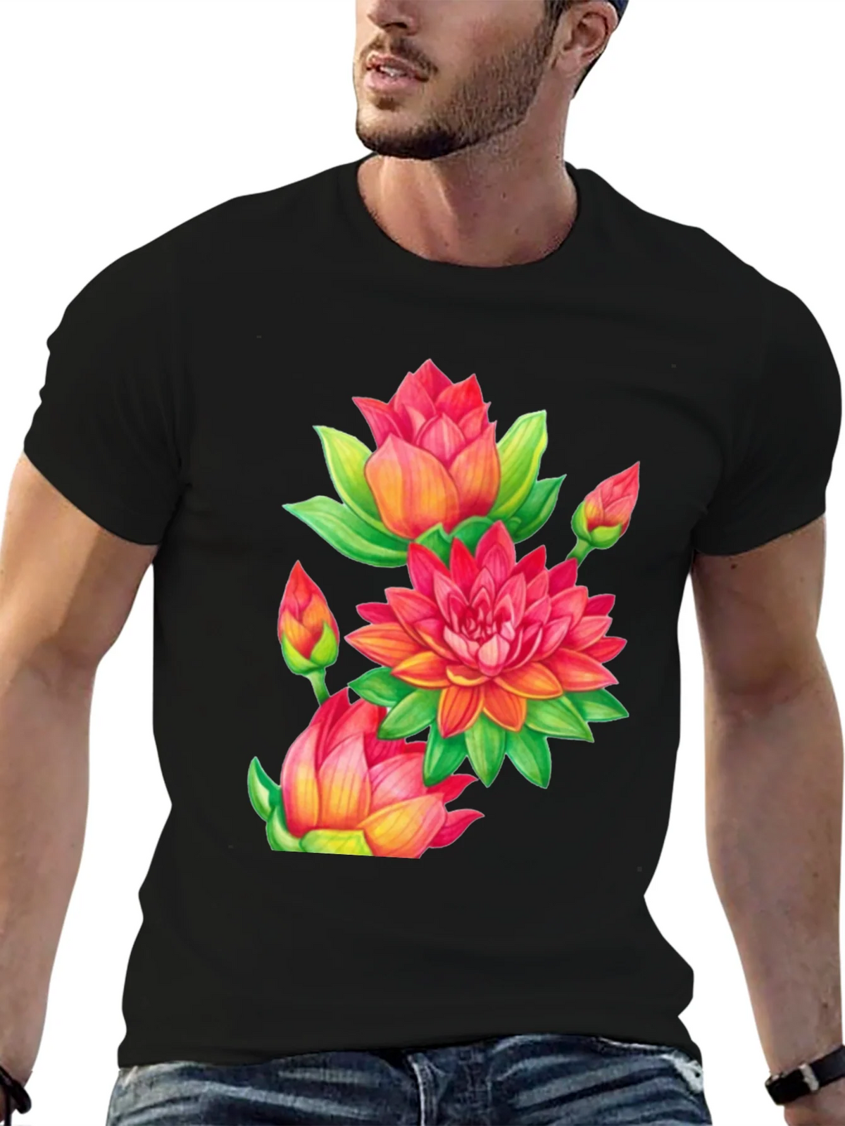Floral Lotus Print Black T-Shirt